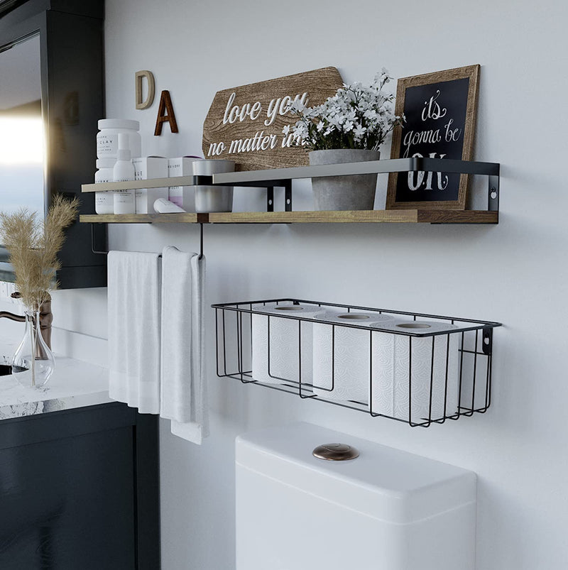 Floating Shelves with Toilet Paper Basket Set by RICHER HOUSE, Rustic Wall Shelves with Removable Towel Bar, Farmhouse Floating Bathroom Shelves for Kitchen and Bedroom - Rustic Brown