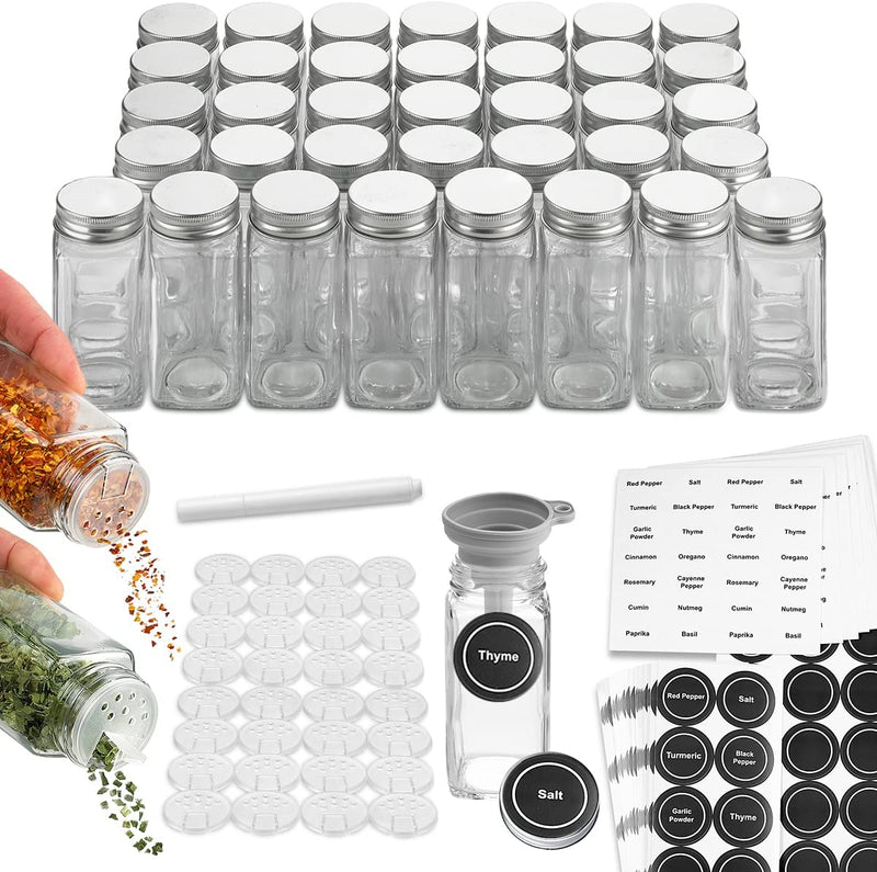 Spice Bottles Empty Glass with Labels 4 Oz - 36 Piece Spice Jars Spice Container Shaker Lids, Airtight Metal Caps and Chalkboard/Clear PVC Seasoning Labels, Chalk Marker & Collapsible Funnel Home & Garden > Decor > Decorative Jars HOLDN’ STORAGE 36 Pieces  