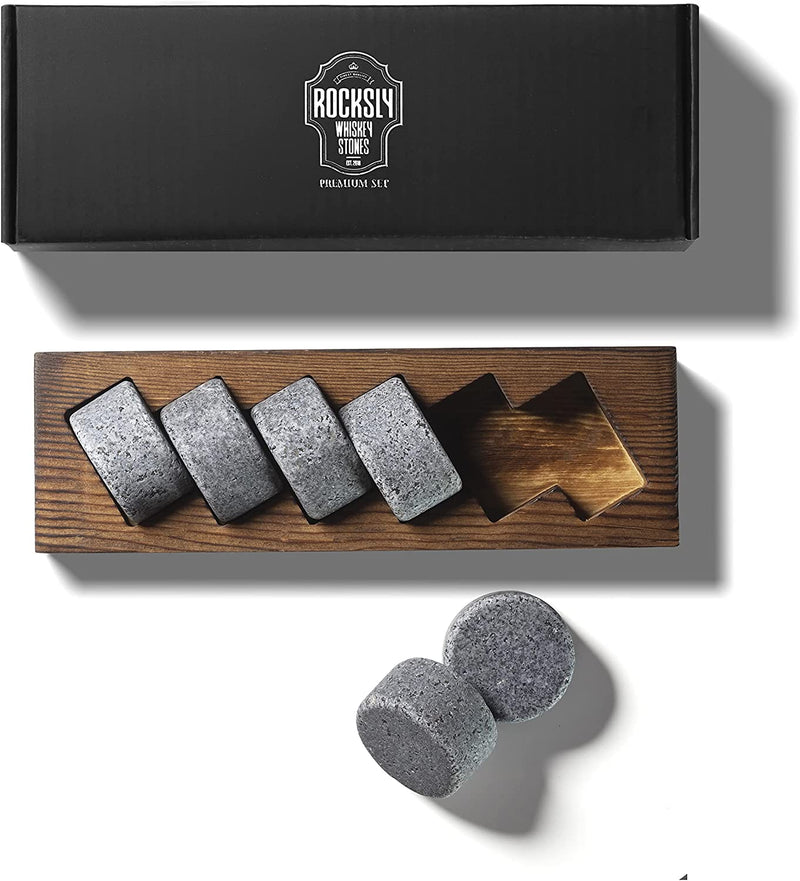 ROCKSLY Whiskey Stones Gift Set for Men | Whiskey Rocks Chilling Stones Set of 6 | Reusable Ice Cubes Chilling Rocks in a Wood Tray for Whiskey Lovers ,Christmas, Men, Dad, Boyfriend