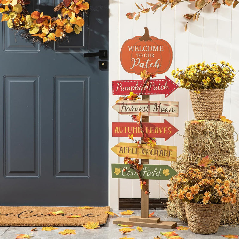 Glitzhome Fall Wooden Scarecrow Family with Wreath Porch Decor Rustic Fall Harvest Lighted Scarecrow Yard Sign Farmhouse Porch Sign Standing Decor for Fall Harvest Autumn Thanksgiving  Glitzhome Pumpkin  