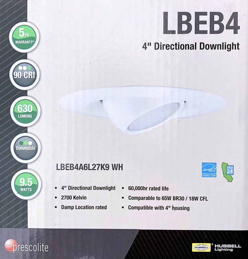 Hubbell Litebox LBEB4A6L27K9 WH LED Downlight Retrofit Kit, Adjustable Eyeball, 4 Inch Round, 2700K, 630 Lumens, 9.5 Watt, Dimmable Directional Downlight Home & Garden > Lighting > Flood & Spot Lights Hubbell   
