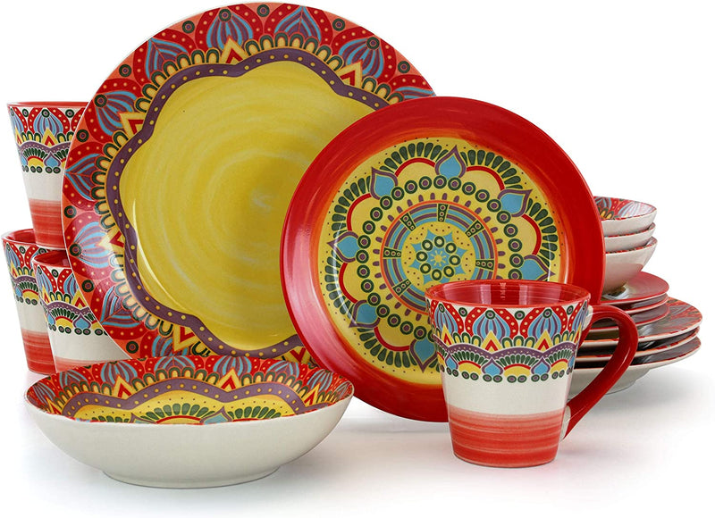 Elama Multicolored round Stoneware Mandala Pattern Dinnerware Set, 16 Piece, Green Home & Garden > Kitchen & Dining > Tableware > Dinnerware Elama Red 16 Piece 