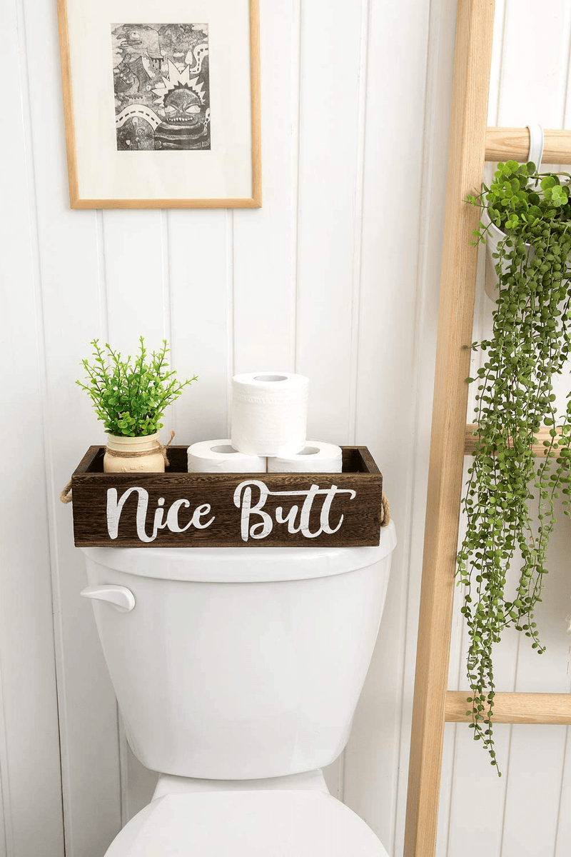 Dahey 1 Pack Farmhouse Bathroom Decor Box Toilet Paper Holder Wood Tank with 2 Sides Funny Saying Sign Rustic Decor for Kitchen Table Countertop (Major Jar and Artificial Flower Included), Brown Home & Garden > Decor > Seasonal & Holiday Decorations Dahey   