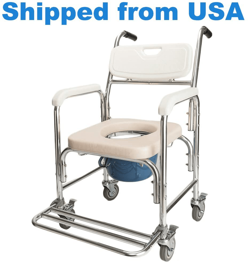DANGRUUT Shower Chair/Bedside Commode/Wheelchair Padded Toilet Seat Shower Transport Chair with Arms, Wheels & Pedal. 4 in 1 Portable Aluminum Bath Chair for Elderly, Seniors, Disabled, Pregnant