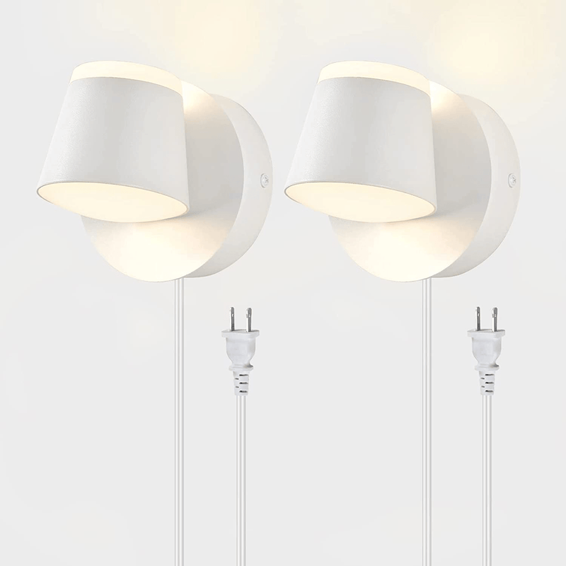 DASTOR Modern LED Bedside Wall Lamps Set of 2, 9W 3000K Warm White up and down Wall Sconces with Plug in Cord, 350° Rotatable Wall Mounted Light Fixture for Bedroom Living Room