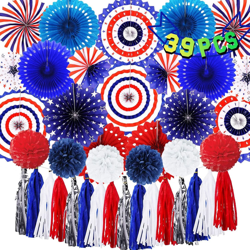 Dawnhope Hanging Paper Fan Decorations 39Pcs 4Th of July Red White Blue Paper Fans, Pom Poms and Tassel Garland for Patriotic Decorations, Independence, Memorial, Presidents, Carnival Photo Props Home & Garden > Decor > Seasonal & Holiday Decorations LELE TECH Patriotic  