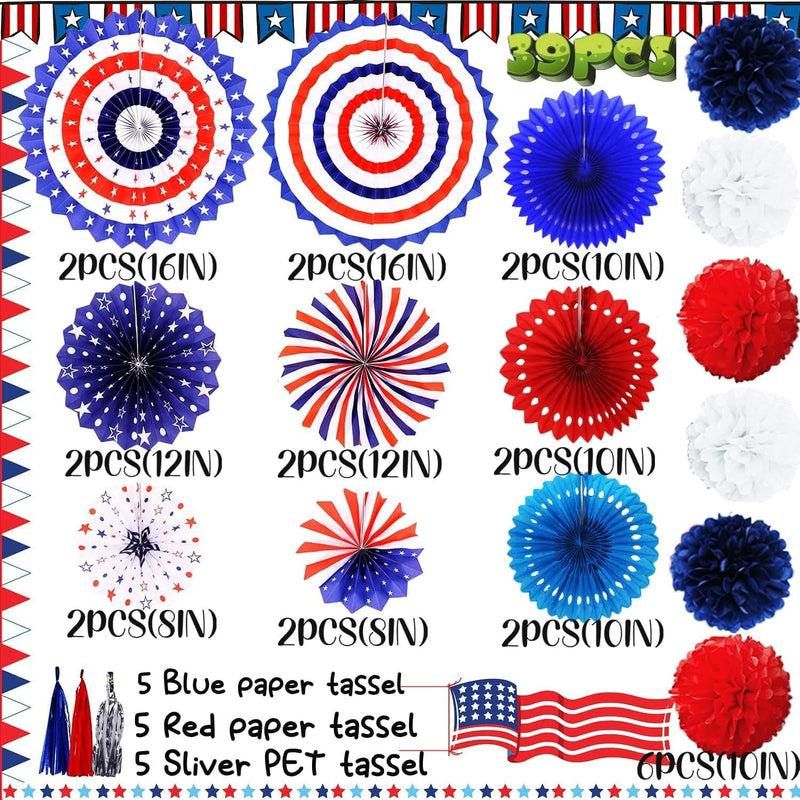 Dawnhope Hanging Paper Fan Decorations 39Pcs 4Th of July Red White Blue Paper Fans, Pom Poms and Tassel Garland for Patriotic Decorations, Independence, Memorial, Presidents, Carnival Photo Props Home & Garden > Decor > Seasonal & Holiday Decorations LELE TECH   