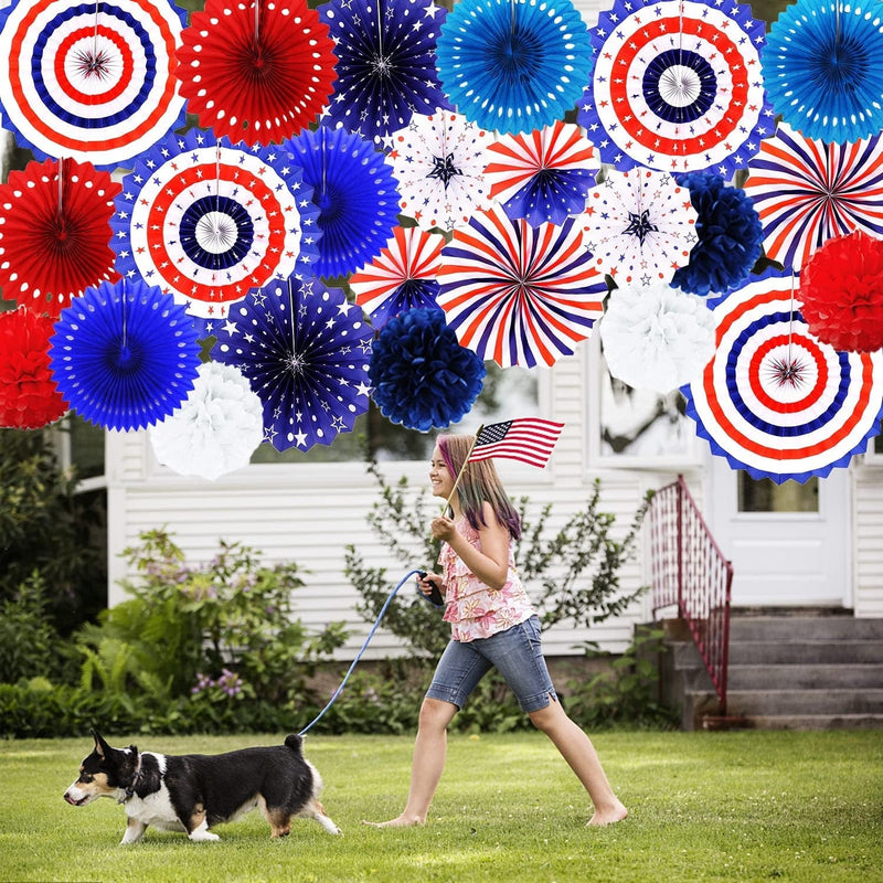 Dawnhope Hanging Paper Fan Decorations 39Pcs 4Th of July Red White Blue Paper Fans, Pom Poms and Tassel Garland for Patriotic Decorations, Independence, Memorial, Presidents, Carnival Photo Props