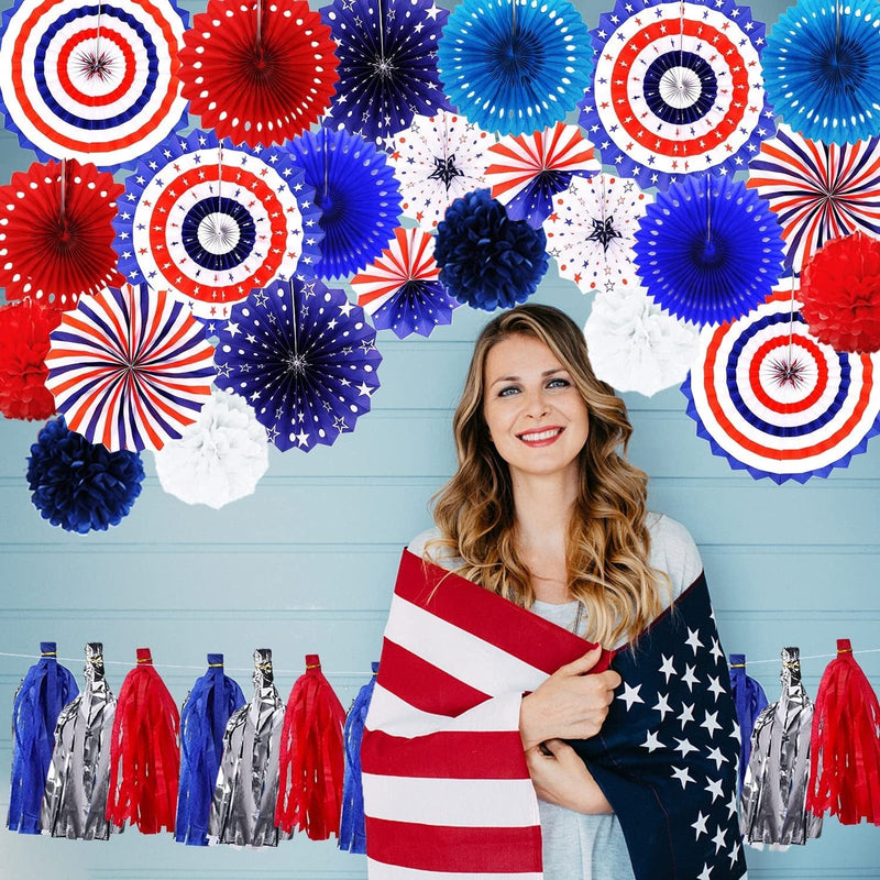 Dawnhope Hanging Paper Fan Decorations 39Pcs 4Th of July Red White Blue Paper Fans, Pom Poms and Tassel Garland for Patriotic Decorations, Independence, Memorial, Presidents, Carnival Photo Props Home & Garden > Decor > Seasonal & Holiday Decorations LELE TECH   