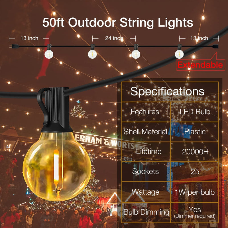 DAYBETTER 50Ft Outdoor String Lights Waterproof, G40 Globe Led Patio Lights with 25 Edison Vintage Bulbs, Connectable Outdoor Lights for Yard Porch Bistro Home & Garden > Lighting > Light Ropes & Strings DAYBETTER   