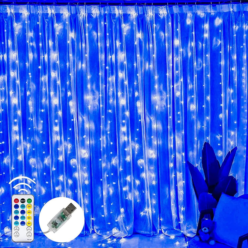 Dazzle Bright Curtain String Lights, 300 LED 9.8Ft X9.8Ft Warm White Fairy Lights with 8 Lighting Modes, Waterproof Lights for Bedroom Christmas Party Wedding Home Garden Wall Decor Home & Garden > Lighting > Light Ropes & Strings Dazzle Bright Blue  