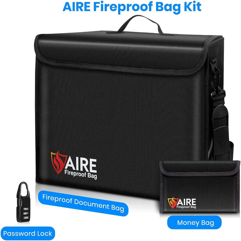 Fireproof Document Bag Set Include Large Bag(17"X12"X6") and Money Bag(5"X8"), Large Fireproof Document Box with Waterproof for Home and Office. Fireproof Safe for Valuables Storage with Lock (Black)