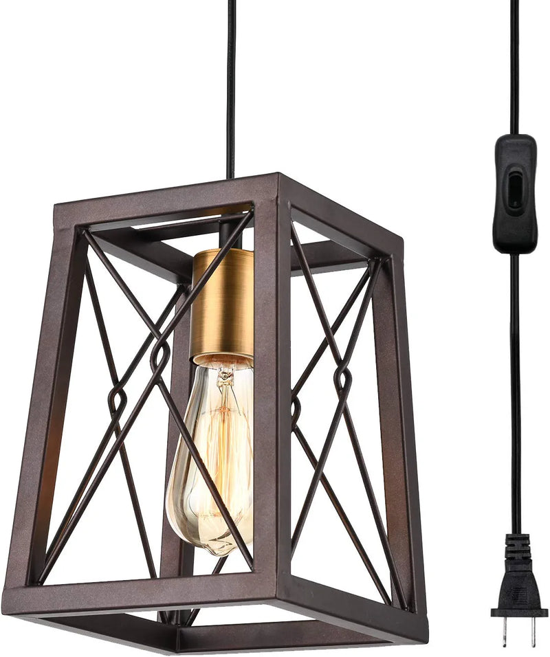 Topotdor Rustic Farmhouse Swag Pendant Light with Adjustable 14.7 Ft Plug in Cord On/Off Switch,Industrial Hanging Light Fixture Plug in Light for Kitchen Island Dining Room (Oil Rubbed Bronze)
