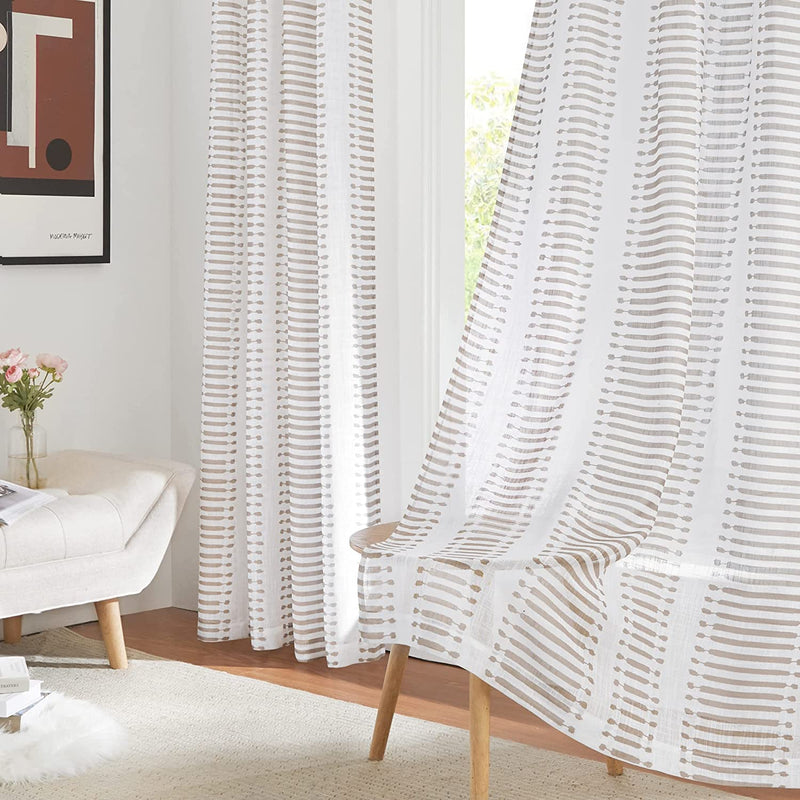 PONY DANCE Sheer Curtains 84 Inches Long - White Voile Panels Grommet Top Casual Design Light Filter Decoration with Stripes Pattern for Living Room, 50 X 84 In, Taupe, Set of 2 Home & Garden > Decor > Window Treatments > Curtains & Drapes PONY DANCE Stripe|taupe 50"W x 84"L 