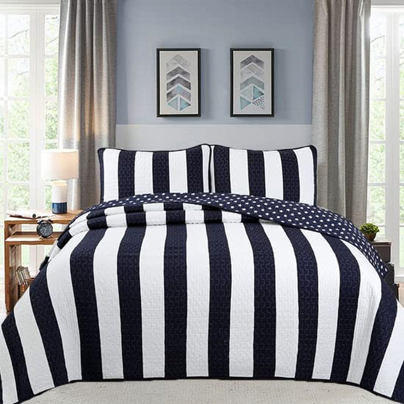 Cozy Line Home Fashions Benjamin Cute Dinosaur Plaid Printed Pattern Navy Blue White Grey Bedding Quilt Set 100% Cotton Reversible Coverlet Bedspread Set for Kids Boy (Queen - 3 Piece) Home & Garden > Linens & Bedding > Bedding Cozy Line Home Fashions Sailor Star-cotton King 