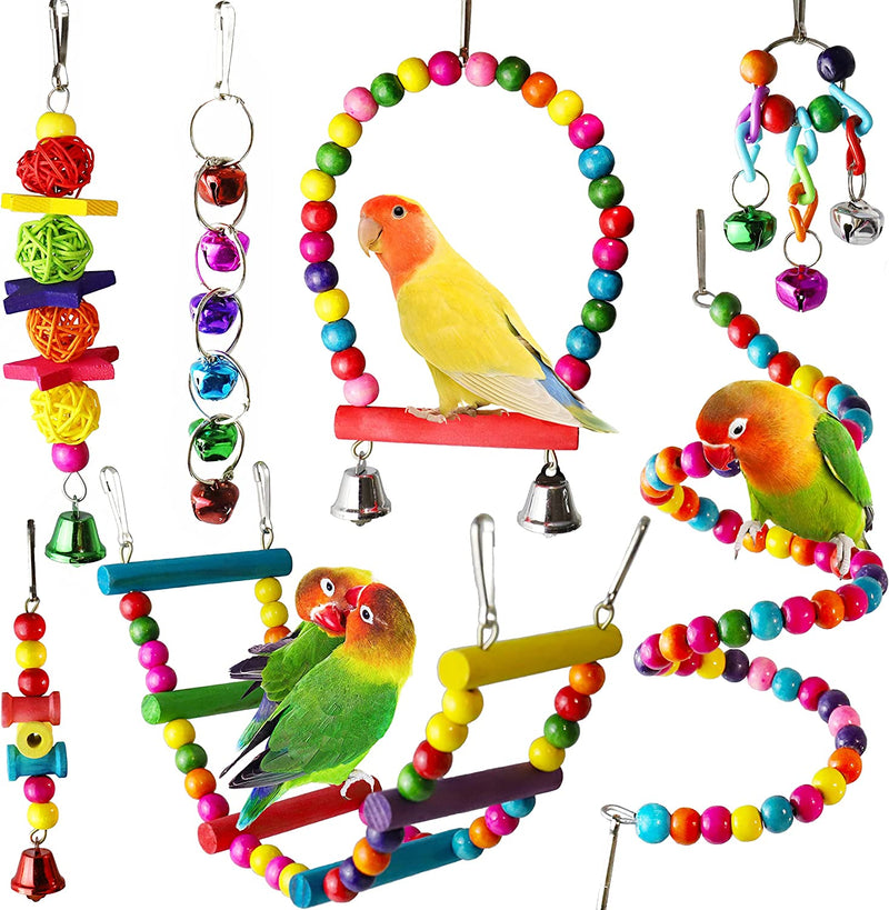 7 Pcs Bird Parakeet Cockatiel Toys, ESRISE Hanging Bell Pet Bird Cage Hammock Swing Climbing Ladders Toy Wooden Perch Chewing Toy for Conures, Love Birds, Finche, Budgerigar Animals & Pet Supplies > Pet Supplies > Bird Supplies > Bird Toys ESRISE   