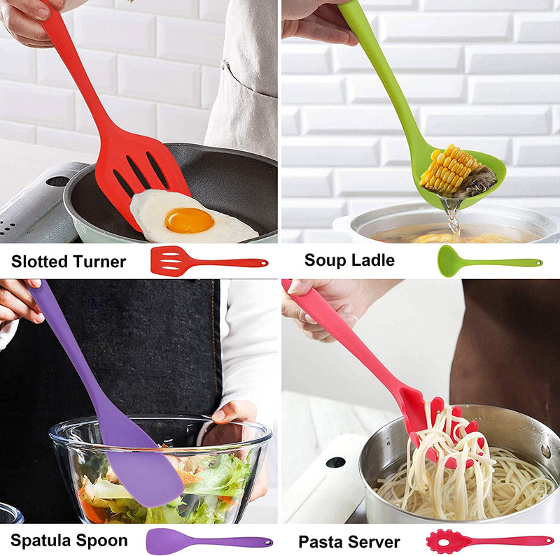 LIANYU 14 Pcs Cooking Utensils Set with Holder, Silicone Kitchen Cookware Utensils Set, Heat Resistant Cooking Gadget Tools Includes Spatula Spoon Turner Whisk Tong, Dishwasher Safe, Colorful