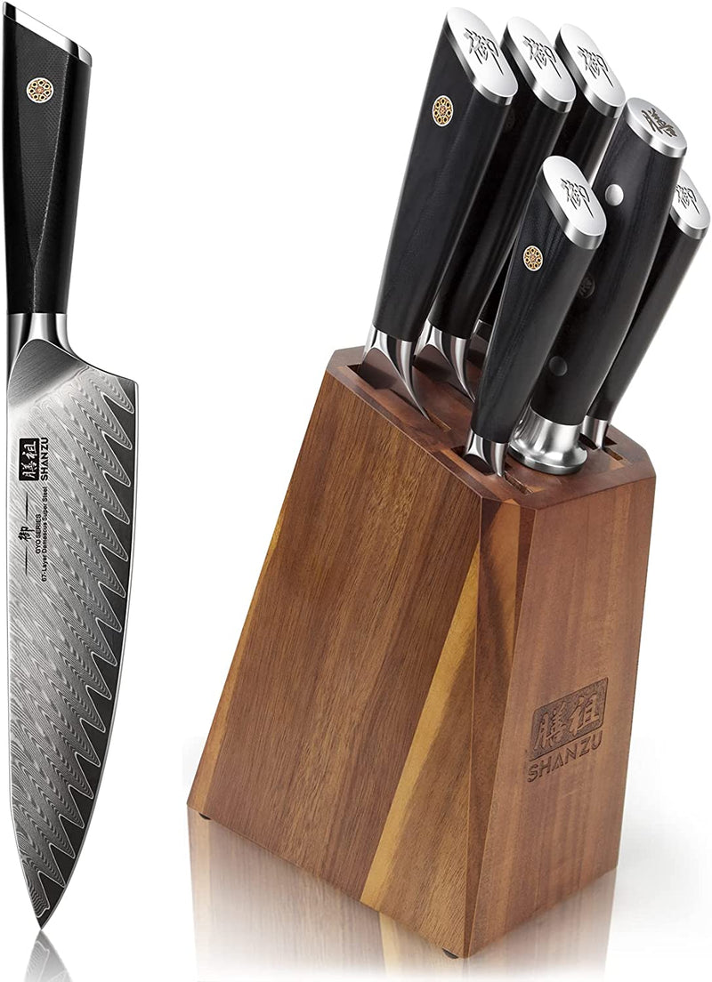 Damascus Kitchen Knife Set, SHAN ZU 7-Piece Professional Knife Sets for Chefs, Japanese AUS-10V Super Steel with G10 Handle Knife Block Set, GYO Series