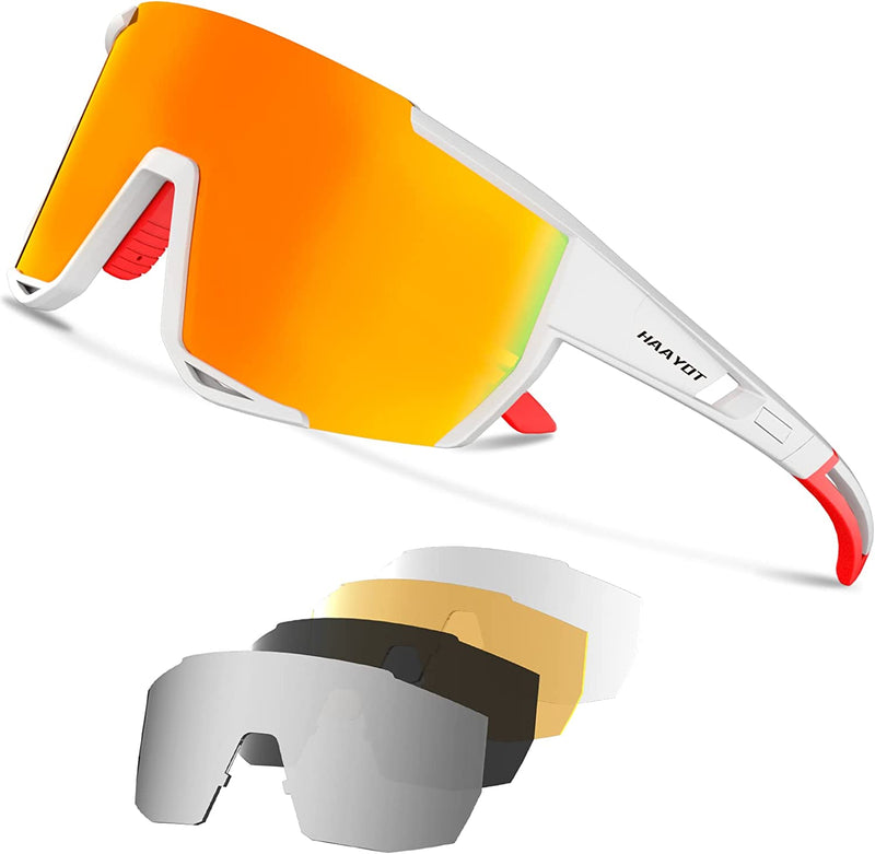 HAAYOT Cycling Glasses Polarized Baseball Sunglasses for Men Women 1 or 5 Lenses Sport Sunglasses for Fishing Driving Running Sporting Goods > Outdoor Recreation > Cycling > Cycling Apparel & Accessories HAAYOT White Frame & Red Lens  