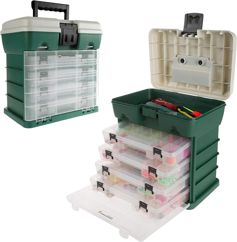 Storage and Tool Box Collection - Durable Organizer Utility Box-4 Drawers, 19 Compartments Each for Camping Supplies and Fishing Tackle by Wakeman Outdoors Sporting Goods > Outdoor Recreation > Fishing > Fishing Tackle Trademark Global Green  