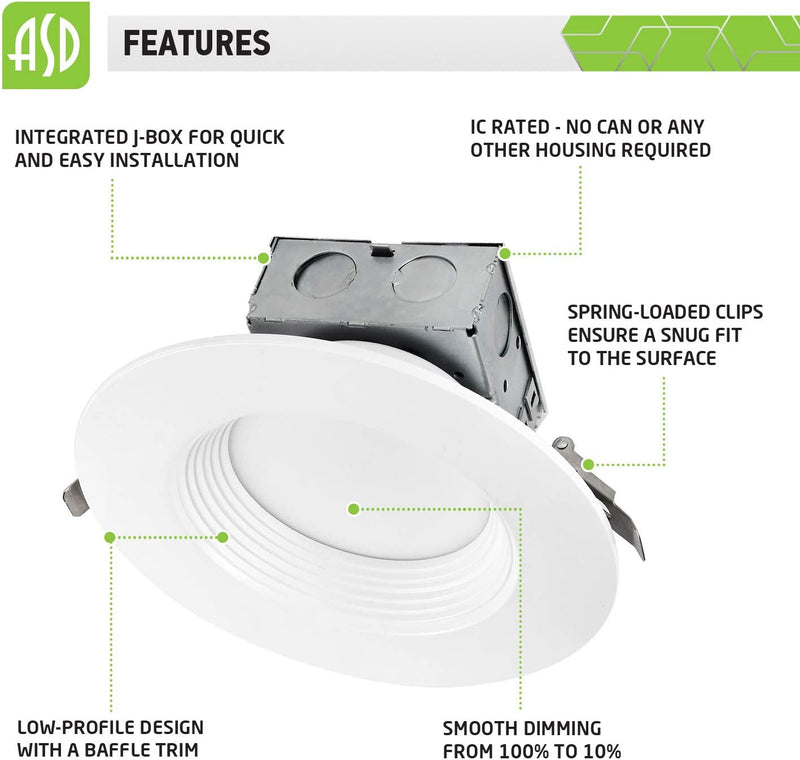 ASD LED Recessed Downlight 6 Inch, Dimmable LED with Integrated Junction Box, 15W (60W Replace), 1000 Lm, IC Rated, Wet Locations, 4000K (Bright White), Energy Star, ETL Home & Garden > Lighting > Flood & Spot Lights ASD   