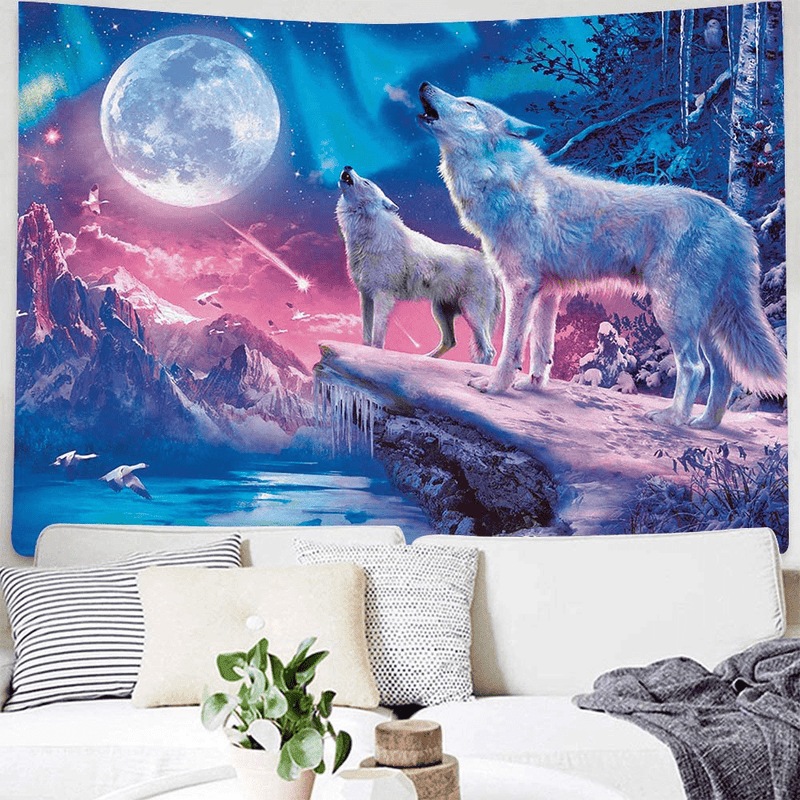 DBLLF Cool Wolf Tapestry Fantasy Animals Moon Tapestry for Boys Men Bedroom Colorful Aesthetic Blue Galaxy Mountian Forest Tapestry 80”60” Flannel Large Art Tapestries for Living Room Dorm DBLS855 Home & Garden > Decor > Artwork > Decorative TapestriesHome & Garden > Decor > Artwork > Decorative Tapestries DBLLF   