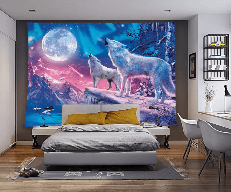 DBLLF Cool Wolf Tapestry Fantasy Animals Moon Tapestry for Boys Men Bedroom Colorful Aesthetic Blue Galaxy Mountian Forest Tapestry 80”60” Flannel Large Art Tapestries for Living Room Dorm DBLS855 Home & Garden > Decor > Artwork > Decorative TapestriesHome & Garden > Decor > Artwork > Decorative Tapestries DBLLF   