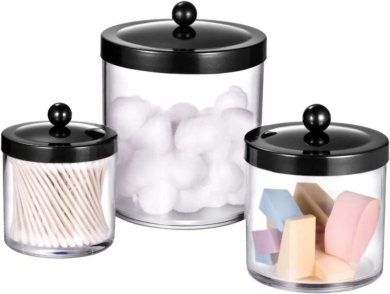 Premium Quality Plastic Apothecary Jars - Qtip Holder Bathroom Vanity Countertop Storage Organizer Canister Clear Acrylic for Cotton Swabs,Rounds, Balls,Makeup Sponges,Bath Salts / 2 Pack (Black) Home & Garden > Household Supplies > Storage & Organization SheeChung Black 50oz.& 25oz.& 15oz. 