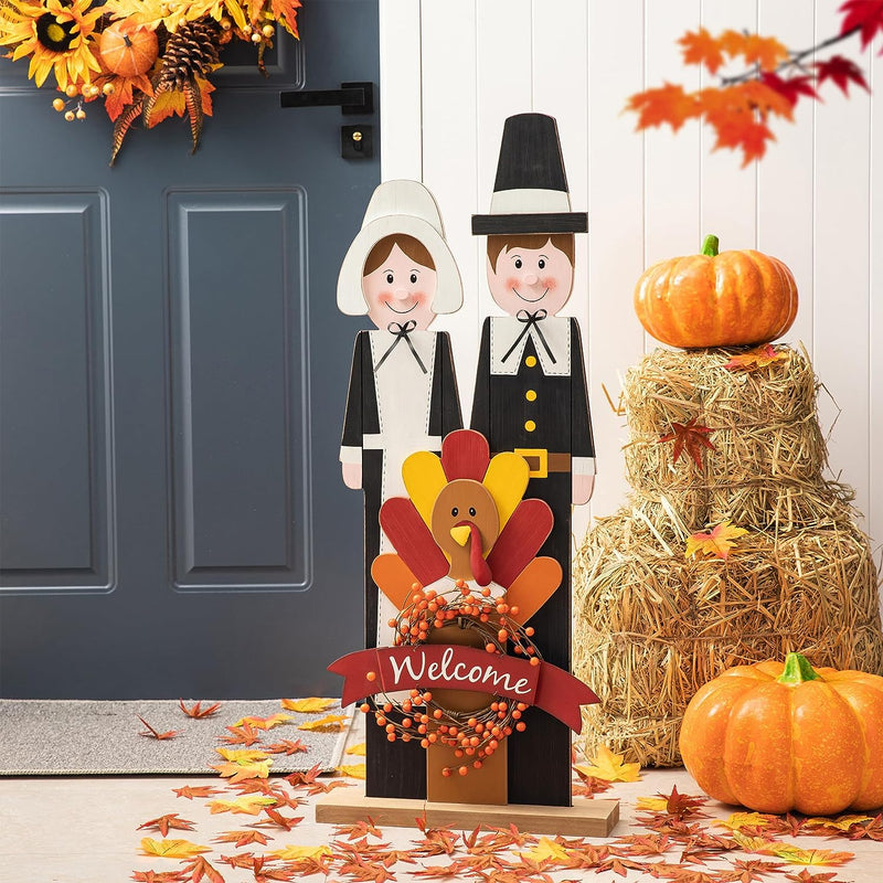 Glitzhome Fall Wooden Scarecrow Family with Wreath Porch Decor Rustic Fall Harvest Lighted Scarecrow Yard Sign Farmhouse Porch Sign Standing Decor for Fall Harvest Autumn Thanksgiving  Glitzhome Orange  