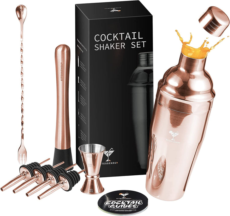 KITESSENSU Black Cocktail Shaker Set Drink Mixer | 10-Piece Bartender Kit: 24 Ounce Margarita Shaker, Double Jigger, Muddler, 4 Liquor Pourers, Alcohol Mixer Spoon, Velvet Bag, Recipes Booklet
