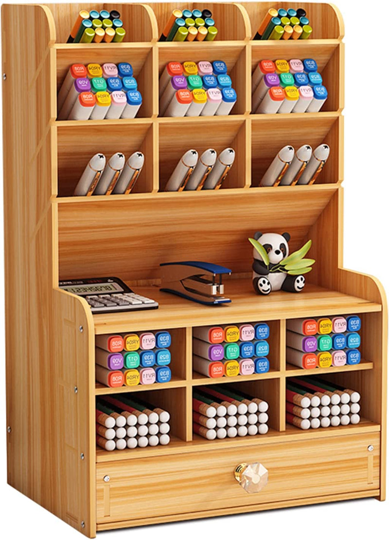 Marbrasse Wooden Desk Organizer, Multi-Functional DIY Pen Holder, Pen Organizer for Desk, Desktop Stationary, Easy Assembly, Home Office Art Supplies Organizer Storage with Drawer (B11-Cherry Color)