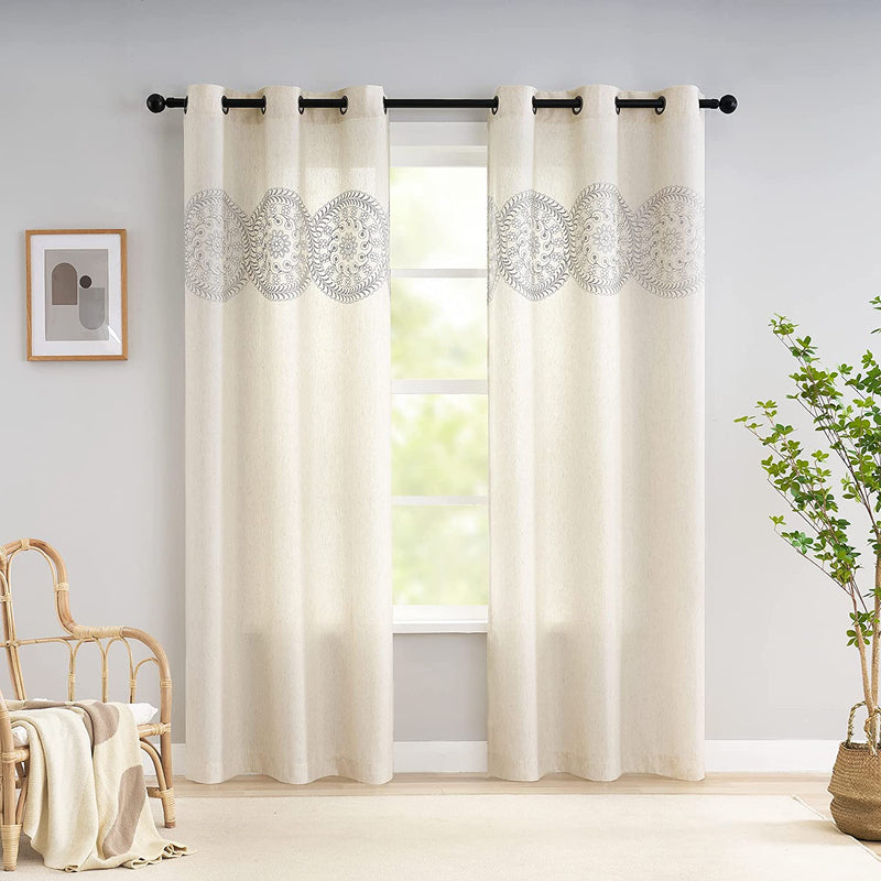 Jubilantex Natural Linen Embroidered Window Curtains 2 Panels, Farmhouse Tan Floral Medallion Pattern Embroidery Grommet Top Rustic Window Drapes for Living Room Bedroom, 42X84 Inch