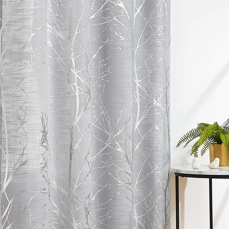 FMFUNCTEX Branch White Curtains 84” for Living Room Grey and Auqa Bluetree Branches Print Curtain Set Wrinkle Free Thick Linen Textured Semi-Sheer Window Drapes for Bedroom Grommet Top, 2 Panels Home & Garden > Decor > Window Treatments > Curtains & Drapes FMFUNCTEX Semi-sheer: Grey + Foil Silver 50" x 72" 