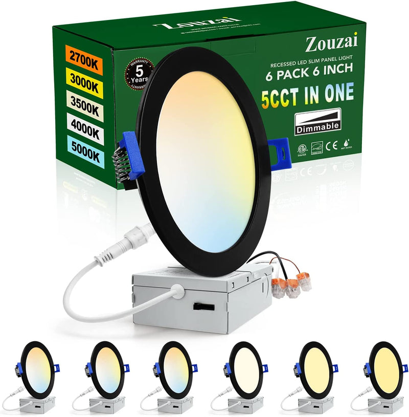 Zouzai 12 Pack 6 Inch 5CCT Ultra-Thin LED Recessed Ceiling Light with Junction Box, 2700K-5000K Selectable, Dimmable Led Downlight，13W Eqv 120W, Led Can Lights- ETL Home & Garden > Lighting > Flood & Spot Lights zouzai 6 Pack Black 5CCT 6 Inch 