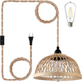 Frideko Plug in Pendant Light Fixtures 17.6Ft Hanging Lights with Plug in Cord Hemp Rope Hanging Lamp Farmhouse Plug in Chandelier Pendant Lamp for Kitchen Island Living Room Bedroom (Bulb Included) Home & Garden > Lighting > Lighting Fixtures FRIDEKO HOME Wood Color  