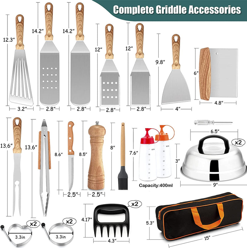 Joyfair 24Pcs Griddle Accessories Kit, Stainless Steel BBQ Spatulas Set with Melting Dome, Professional Grill Accessory in Storage Bag, Great for Outdoor Camping Flat Top Teppanyaki Grilling Cooking
