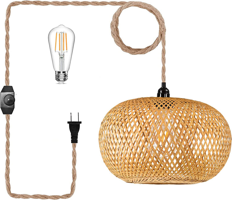 ZECOXOL Plug in Pendant Light Rattan Hanging Lights with Plug in Cord，Dimmable Switch,Hanging Lamp with Bamboo Woven Wicker Lamp Shade,Boho Plug in Ceiling Light Fixtures for Kitchen,Bedroom Home & Garden > Lighting > Lighting Fixtures ELY201   