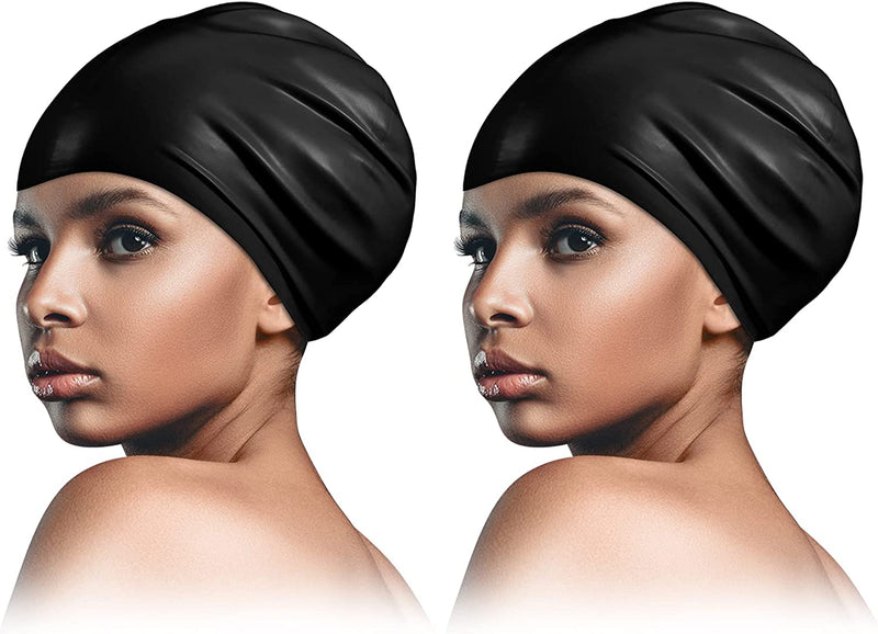 2 Piece Long Hair Swimming Cap for Man and Woman Durable Silicone Swimming Cap Waterproof for Dreadlocks, Braids, Curls Sporting Goods > Outdoor Recreation > Boating & Water Sports > Swimming > Swim Caps Syhood Black  