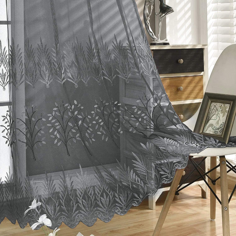 DONREN Luxury Brown Sheer Curtains for Living Room - Leaf Embroidery Sheer Curtain Panels for Bedroom (W 52 X L 96 Inch,2 Panels) Home & Garden > Decor > Window Treatments > Curtains & Drapes DONREN Grey 52" x 84" 