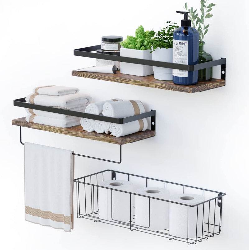 Floating Shelves with Toilet Paper Basket Set by RICHER HOUSE, Rustic Wall Shelves with Removable Towel Bar, Farmhouse Floating Bathroom Shelves for Kitchen and Bedroom - Rustic Brown