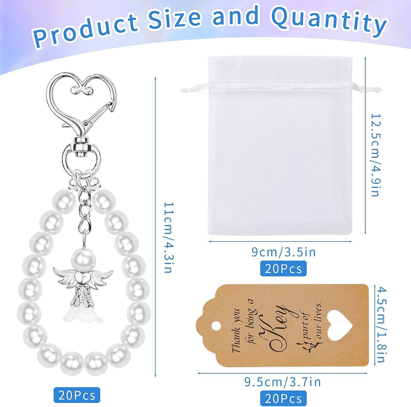 Dreamtop 20 Sets of Angel Keychains Favor, Pearl Beads Angel Pendant Keychain Guardian Angel Keychain with Thank You Tags Drawstring Organza Bag for Wedding Baby Shower Baptism Party Favors for Guest