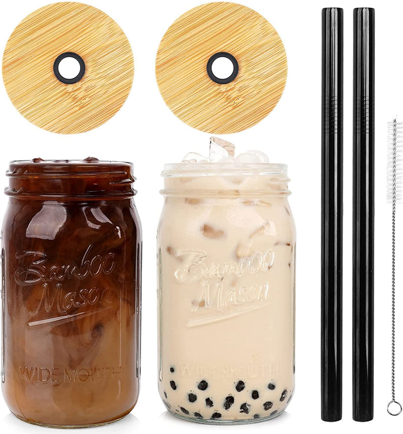 Mason Jar with Lid and Straw, ANOTION 32Oz Wide Mouth Boba Cup Reusable Drinking Glasses Tumbler Smoothie Water Bottles for Iced Coffee Margaritas Ice Cream Juice Cocktail Travel Office Home Home & Garden > Kitchen & Dining > Tableware > Drinkware ANOTION 2 32OZ Jars: Upgrade Bamboo Lid+Black Straw  