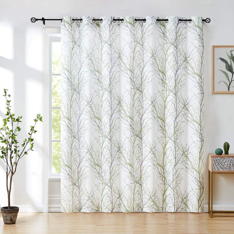 FMFUNCTEX Extra-Wide Patio Door Curtain 100 Inches Width by 96Inch Length Tree Print Not See through Linen Textured Semi Sheer Curtain Green-Gray Branch Sliding Door Panel 1 Pc 8Ft Home & Garden > Decor > Window Treatments > Curtains & Drapes Fmfunctex Green 100" x 96"| 1 Panel 