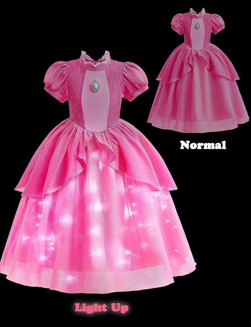 Minetom Princess Peach Costume for Girls Kids, Light up Princess Peach Dress Pink Cosplay Halloween Party Outfit  Minetom   