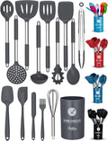 ORBLUE Silicone Cooking Utensil Set, 14-Piece Kitchen Utensils with Holder, Safe Food-Grade Silicone Heads and Stainless Steel Handles with Heat-Proof Silicone Handle Covers, Gray