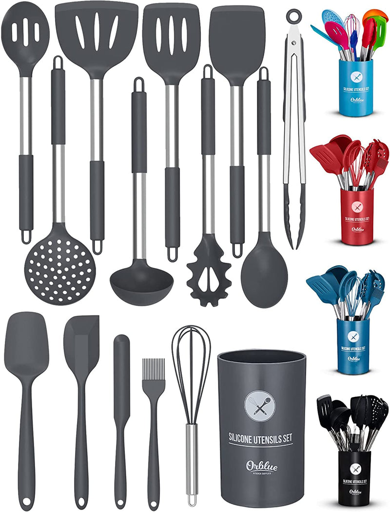 ORBLUE Silicone Cooking Utensil Set, 14-Piece Kitchen Utensils with Holder, Safe Food-Grade Silicone Heads and Stainless Steel Handles with Heat-Proof Silicone Handle Covers, Gray Home & Garden > Kitchen & Dining > Kitchen Tools & Utensils Orblue Modern Gray  