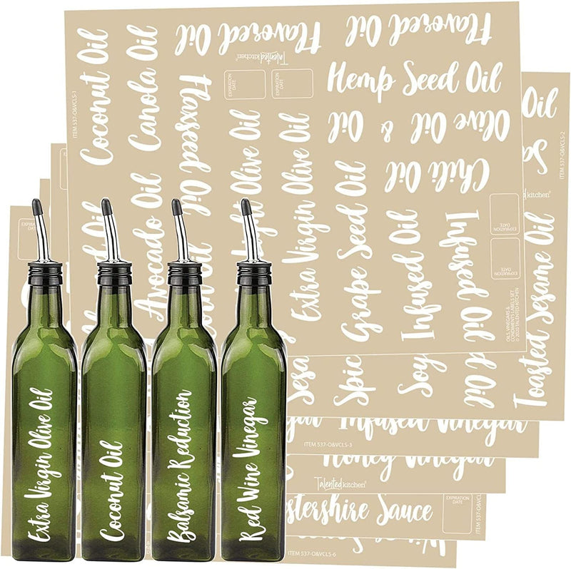 Talented Kitchen 132 Cursive Oils and Vinegars Labels. Condiments Sticker, Water Resistant Food Labels. Preprinted Decal Oil Bottle Pantry Organization Storage (Set of 132 - Cursive Oils and Vinegars)