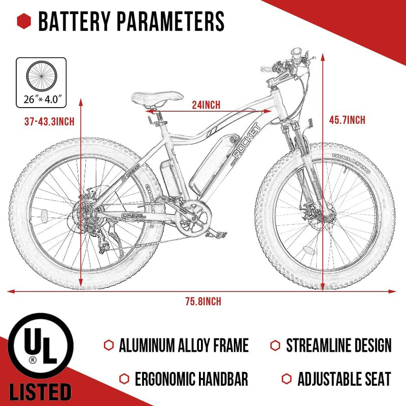 ECOTRIC 26” Fat Tire Electric Bike Powerful Adults Mountain Bicycle 500W Motor 36V/12.5AH Removable Lithium Battery Beach Snow Ebike Shock Absorption - 90% Pre Assembled