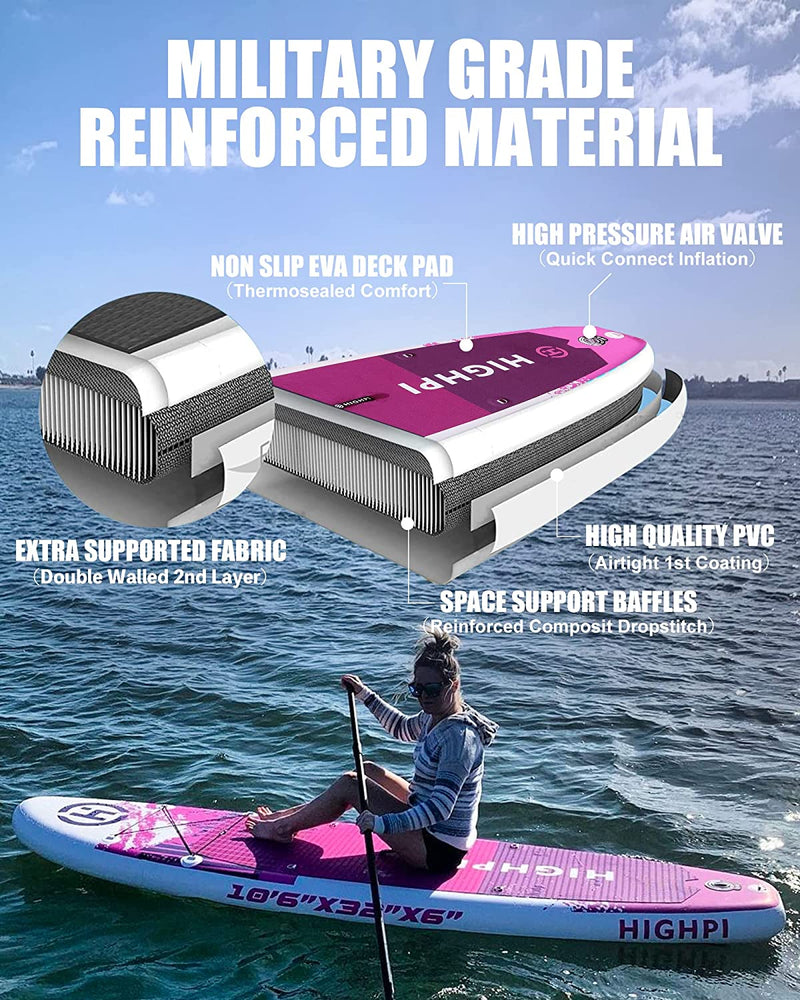 Highpi Inflatable Stand up Paddle Board 10'6''/11' Premium SUP W Accessories & Backpack, Wide Stance, Surf Control, Non-Slip Deck, Leash, Paddle and Pump, Standing Boat for Youth & Adult Sporting Goods > Outdoor Recreation > Winter Sports & Activities Highpi   