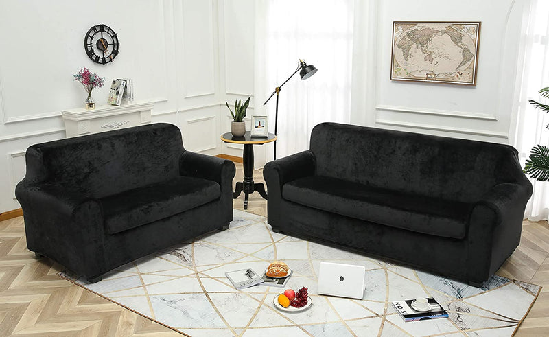 TIANSHU 2 Piece Velvet Sofa Cover, Soft Plush Couch Cover for 3 Cushion Couch, Non-Slip High Stretch Sofa Slipcover for Living Room, Stylish Fleece Furniture Cover Protector.(Sofa, Black) Home & Garden > Decor > Chair & Sofa Cushions TIANSHU   